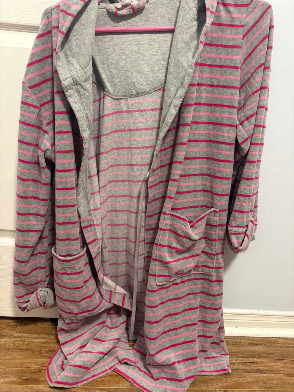 La Vie En Rose Grey & Pink Striped Hooded Long Cardigan
